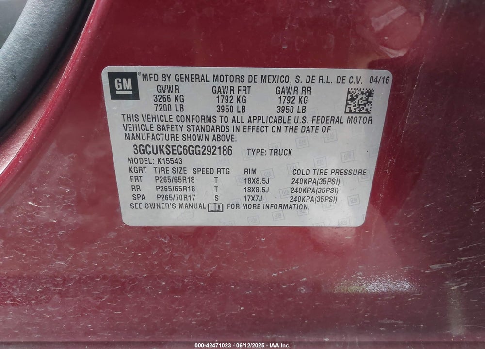 2016 CHEVROLET SILVERADO 1500 VIN: 3GCUKSEC6GG292186
