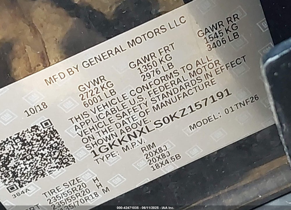 2019 GMC ACADIA VIN: 1GKKNXLS0KZ157191