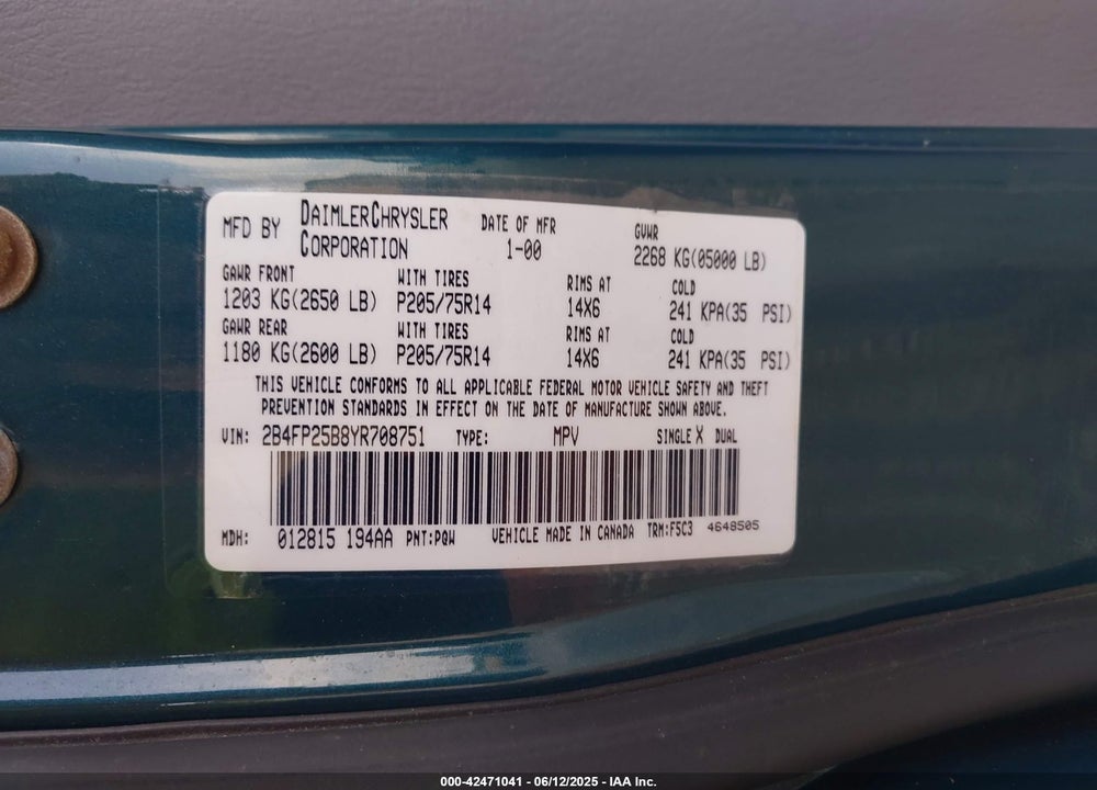 2000 DODGE CARAVAN VIN: 2B4FP25B8YR708751