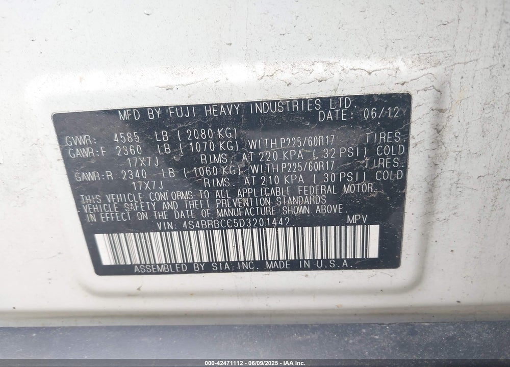 2013 SUBARU OUTBACK 2.5I PREMIUM VIN: 4S4BRBCC5D3201442