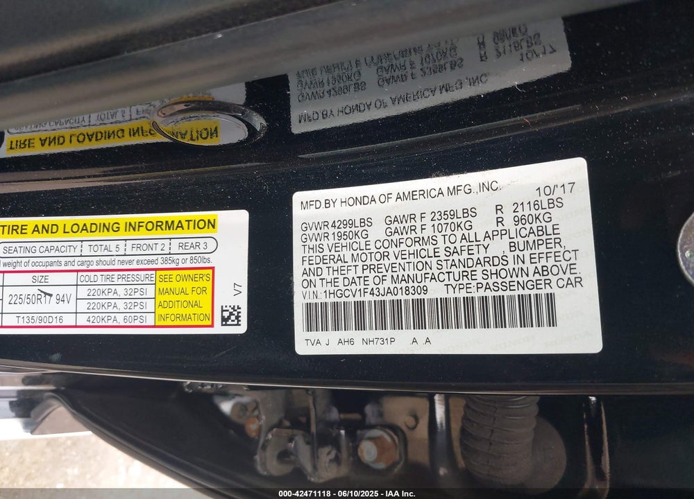 2018 HONDA ACCORD VIN: 1HGCV1F43JA018309