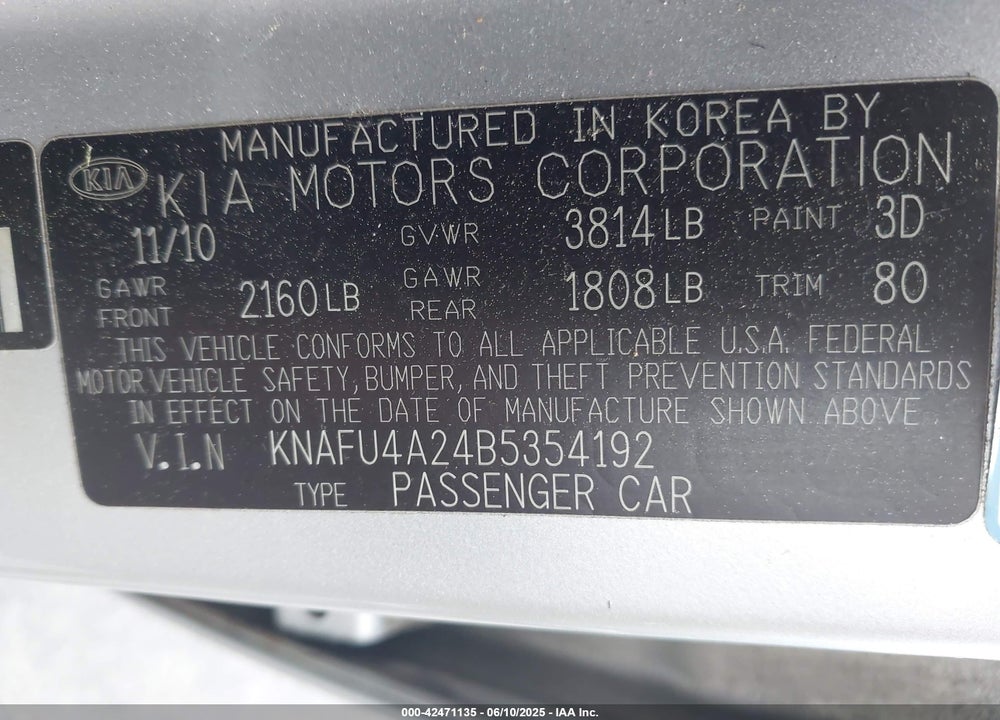 2011 KIA FORTE VIN: KNAFU4A24B5354192