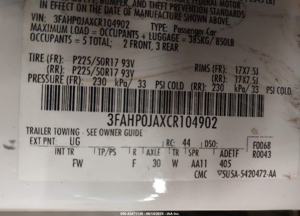 2012 FORD FUSION VIN: 3FAHP0JAXCR104902