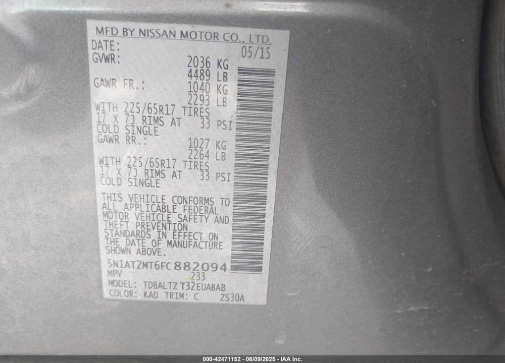 2015 NISSAN ROGUE VIN: 5N1AT2MT6FC8H2094