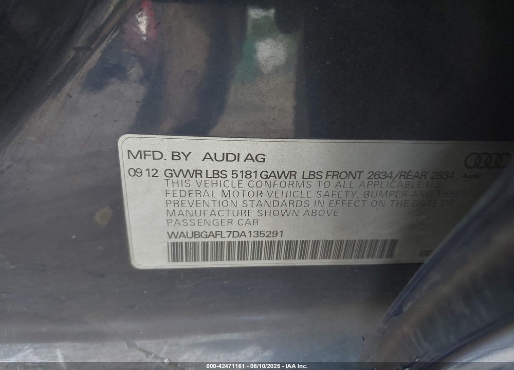 2013 AUDI S4 VIN: WAUBGAFL7DA135291
