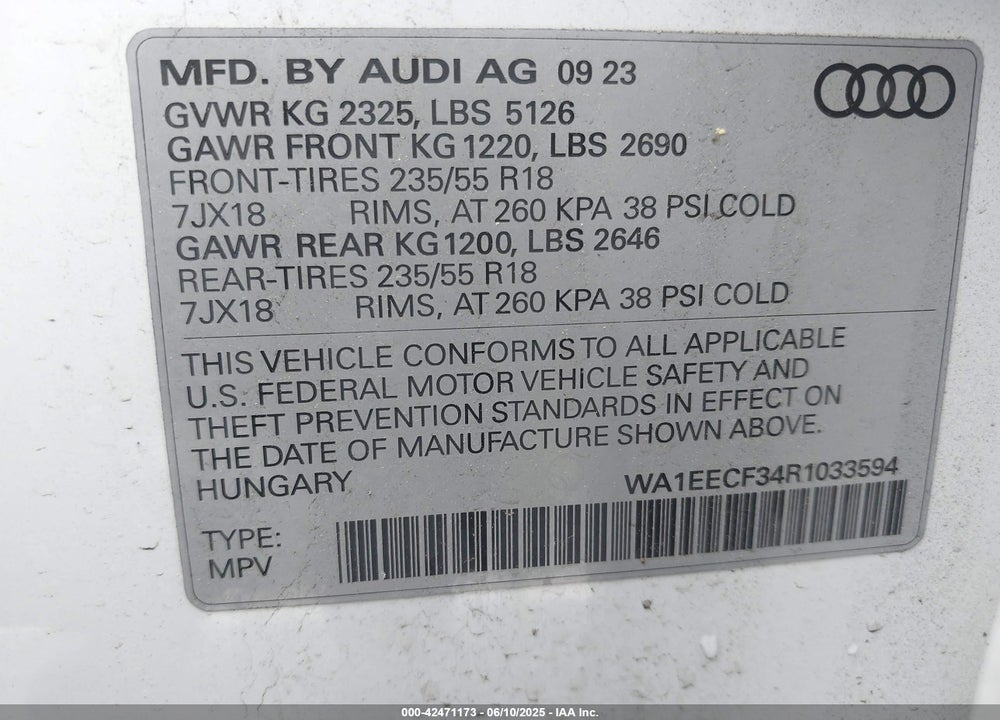 2024 AUDI Q3 VIN: WA1EECF34R1033594