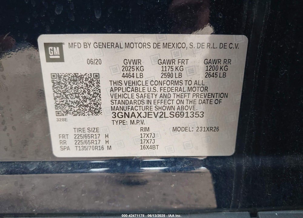 2020 CHEVROLET EQUINOX VIN: 3GNAXJEV2LS691353