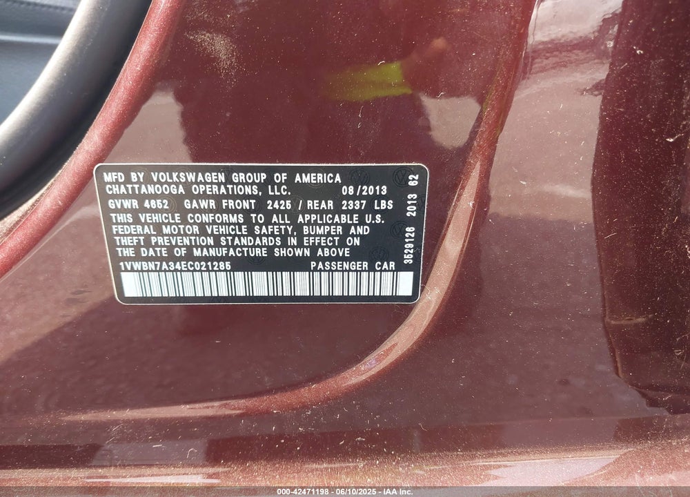 2014 VOLKSWAGEN PASSAT 2.0L TDI SE VIN: 1VWBN7A34EC021285
