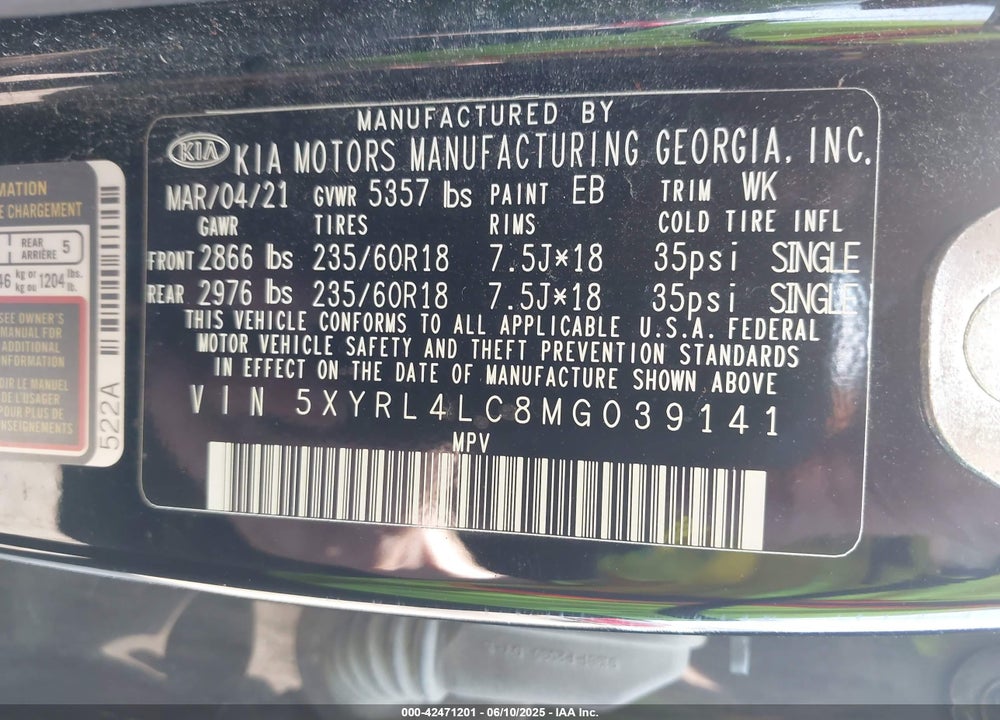 2021 KIA SORENTO VIN: 5XYRL4LC8MG039141
