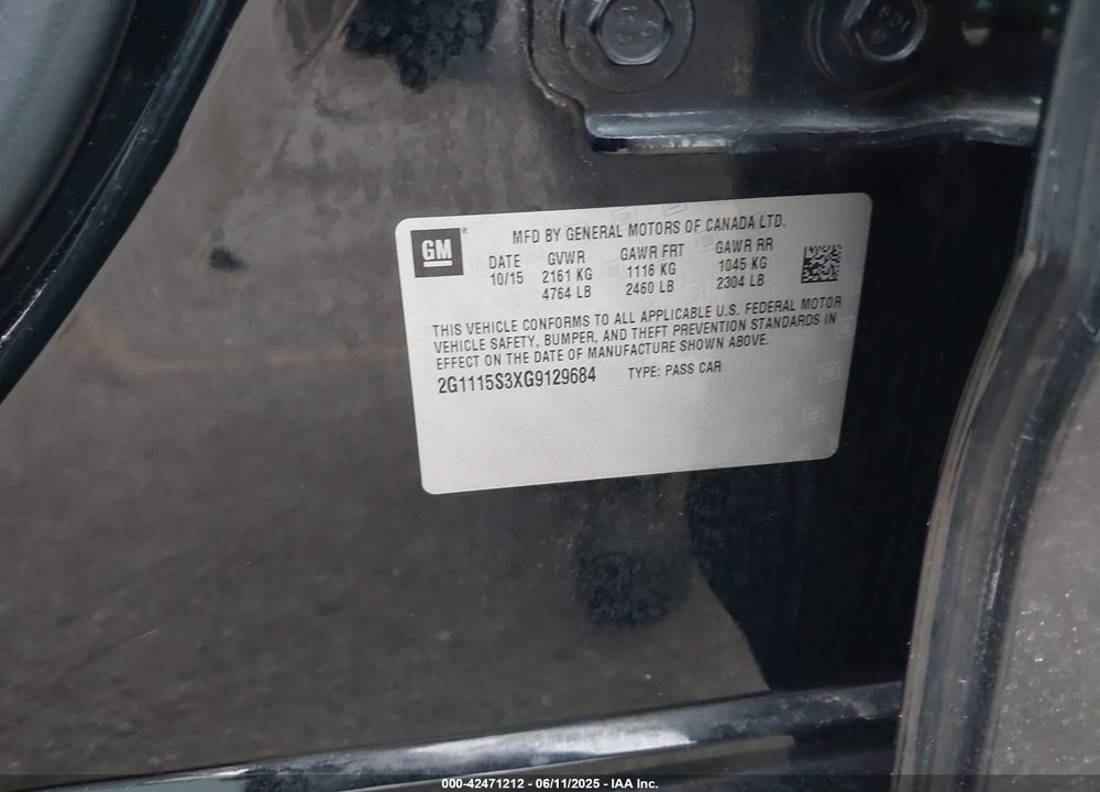 2016 CHEVROLET IMPALA VIN: 2G1115S3XG9129684