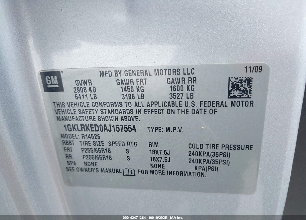 2010 GMC ACADIA VIN: 1GKLRKED0AJ157554