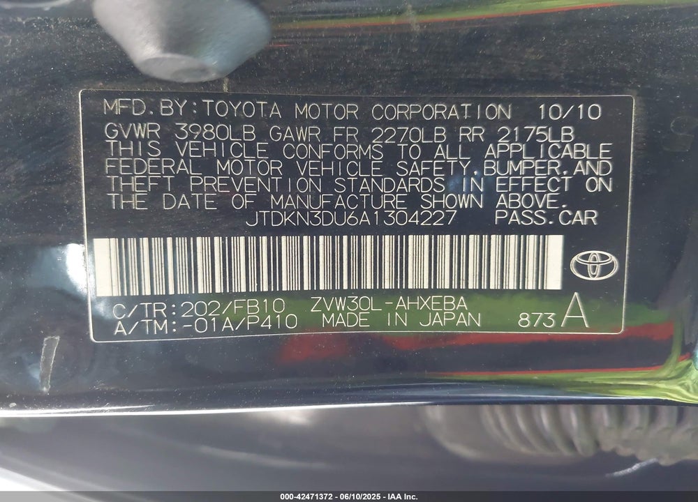 2010 TOYOTA PRIUS VIN: JTDKN3DU6A1304227