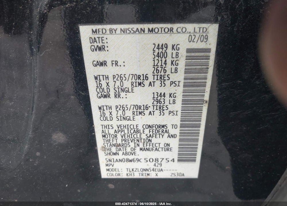 2009 NISSAN XTERRA X VIN: 5N1AN08W69C508754