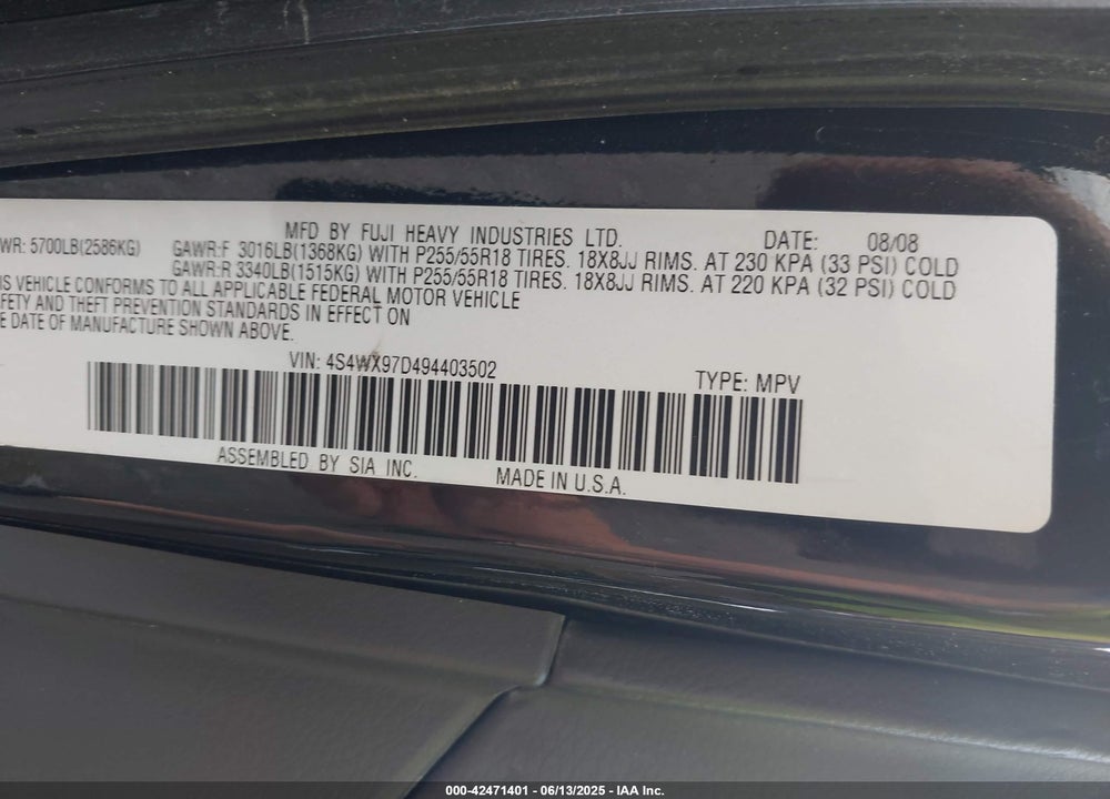 2009 SUBARU TRIBECA LIMITED 7-PASSENGER/SPECIAL EDITION 7-PASSENGER VIN: 4S4WX97D494403502