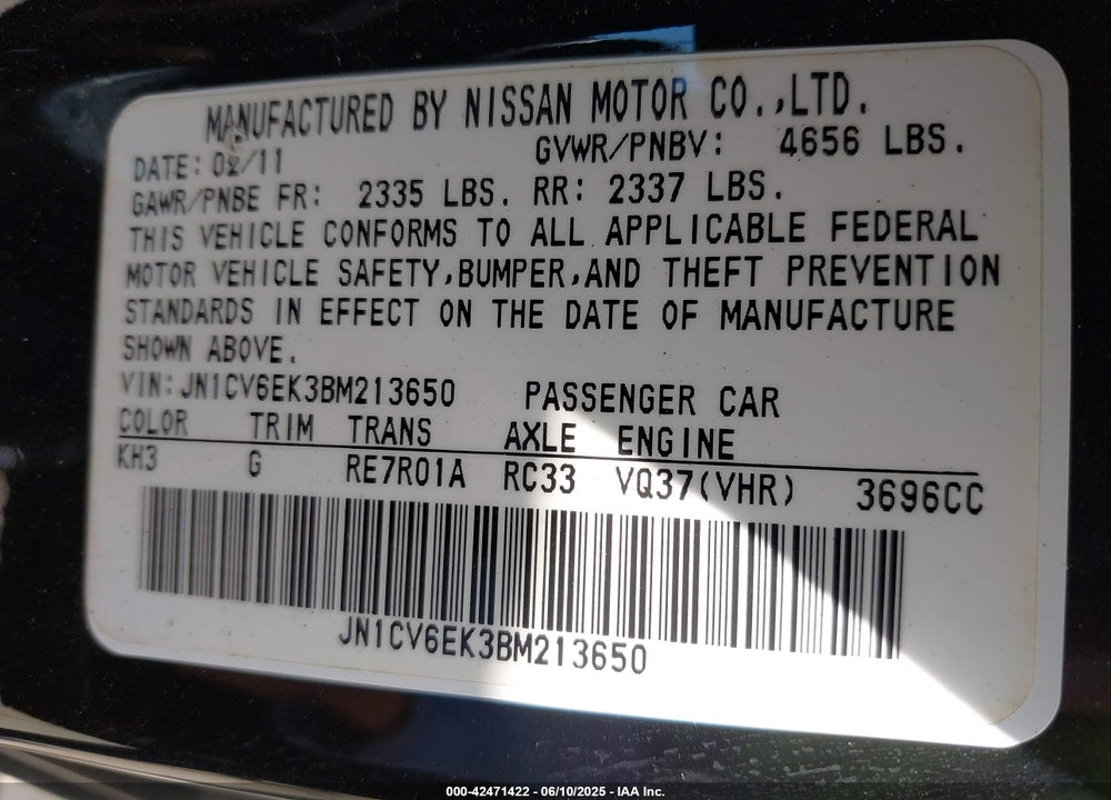 2011 INFINITI G37 VIN: JN1CV6EK3BM213650