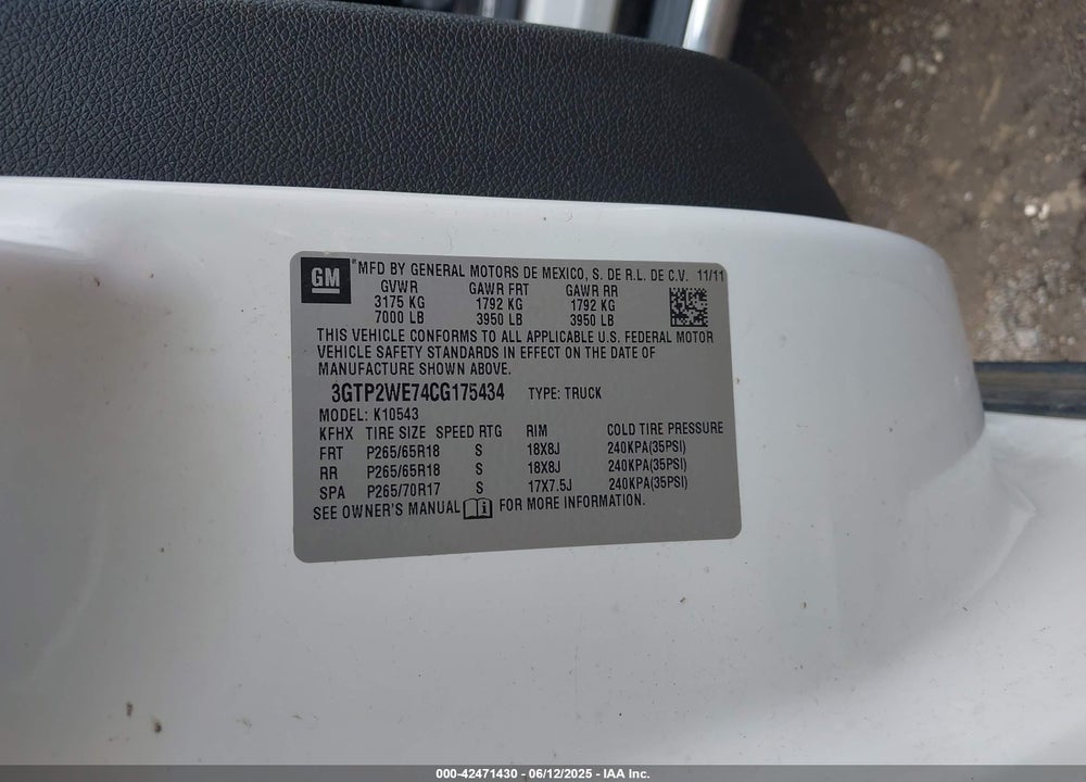 2012 GMC SIERRA 1500 VIN: 3GTP2WE74CG175434