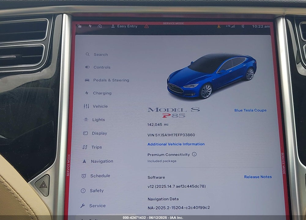 2014 TESLA MODEL S VIN: 5YJSA1H17EFP33860