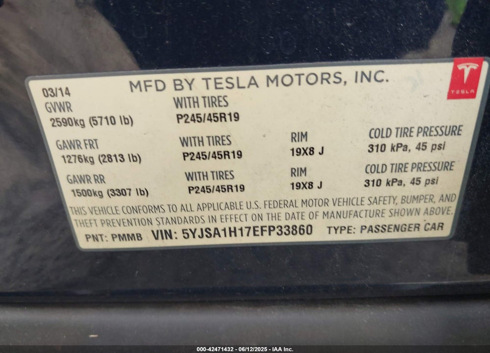 2014 TESLA MODEL S VIN: 5YJSA1H17EFP33860