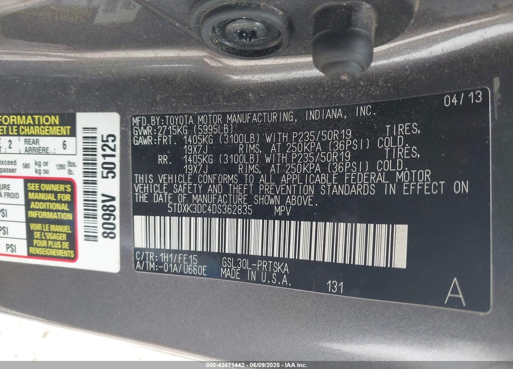 2013 TOYOTA SIENNA SE 8 PASSENGER VIN: 5TDXK3DC4DS362835