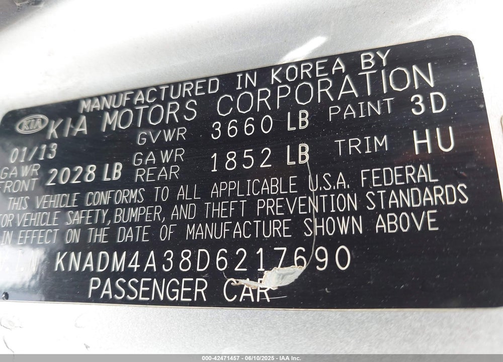 2013 KIA RIO VIN: KNADM4A38D6217690