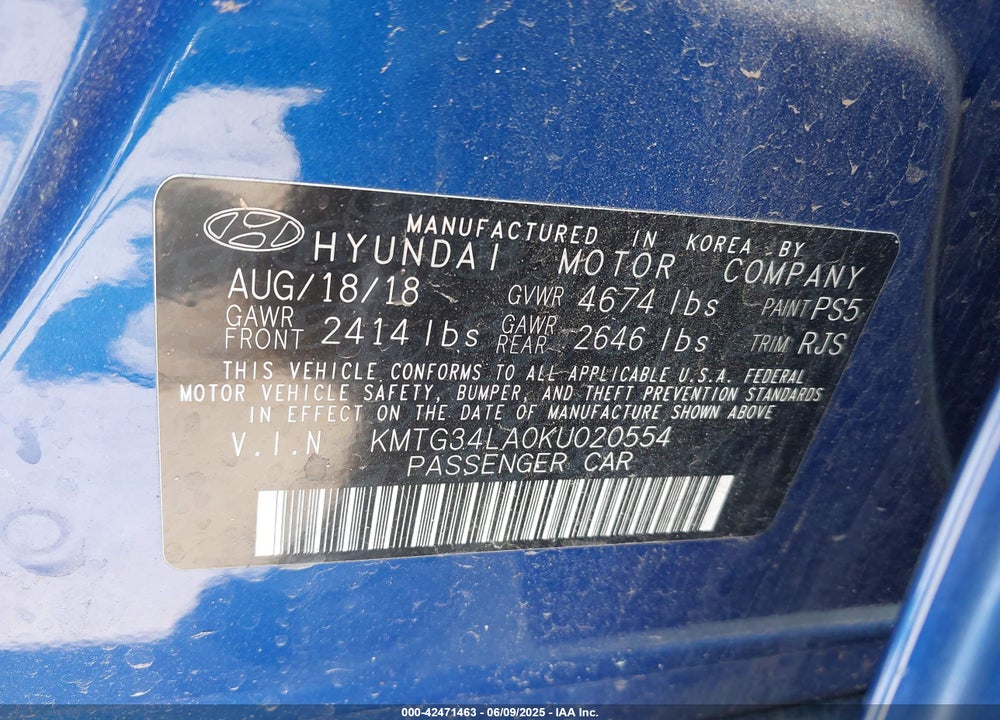 2019 GENESIS G70 VIN: KMTG34LA0KU020554
