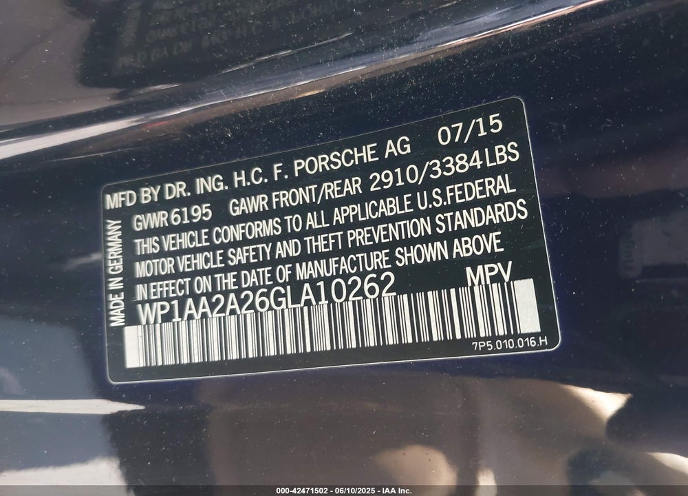 2016 PORSCHE CAYENNE VIN: WP1AA2A26GLA10262