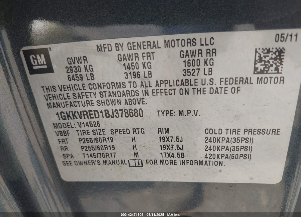 2011 GMC ACADIA SLT-1 VIN: 1GKKVRED1BJ378680