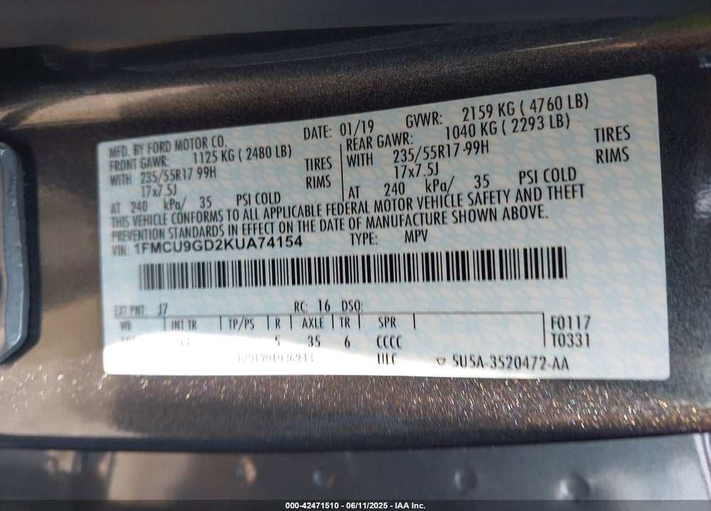 2019 FORD ESCAPE SE VIN: 1FMCU9GD2KUA74154