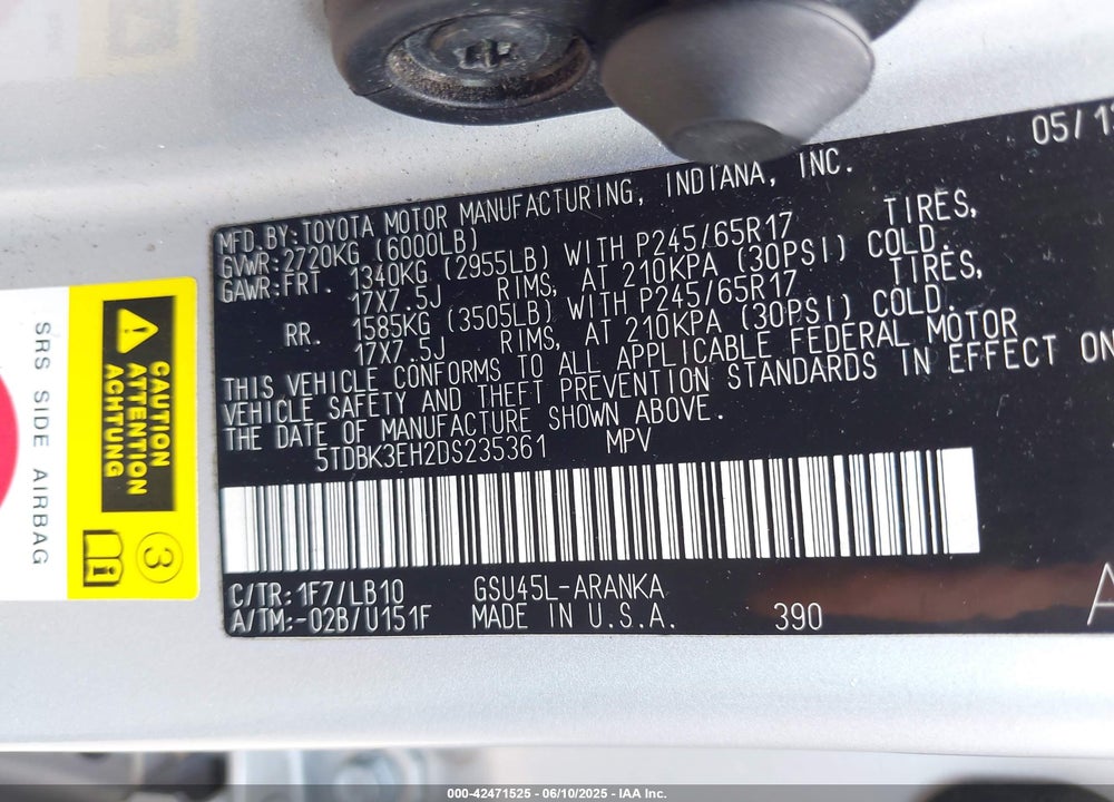 2013 TOYOTA HIGHLANDER VIN: 5TDBK3EH2DS235361