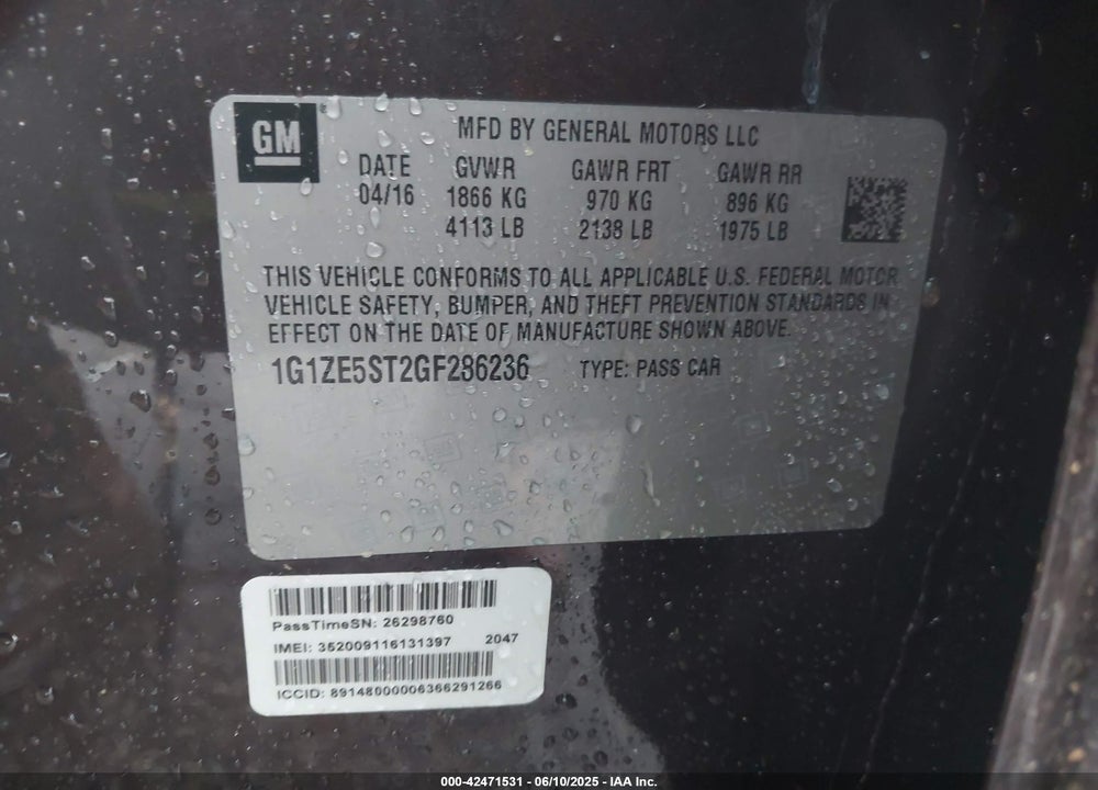 2016 CHEVROLET MALIBU VIN: 1G1ZE5ST2GF286236