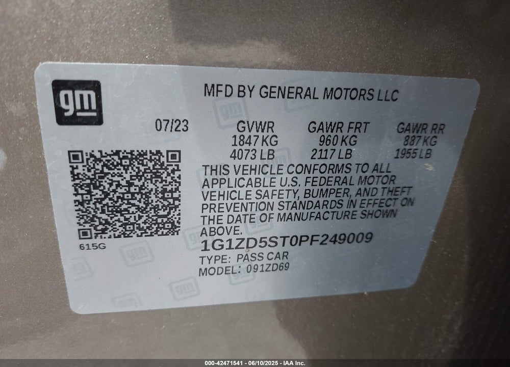 2023 CHEVROLET MALIBU FWD 1LT VIN: 1G1ZD5ST0PF249009