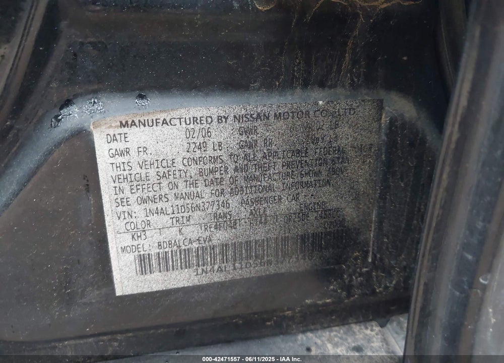 2006 NISSAN ALTIMA 2.5 S VIN: 1N4AL11D56N377346