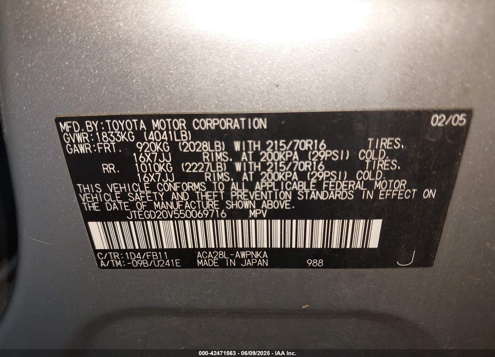 2005 TOYOTA RAV4 VIN: JTEGD20V550069716