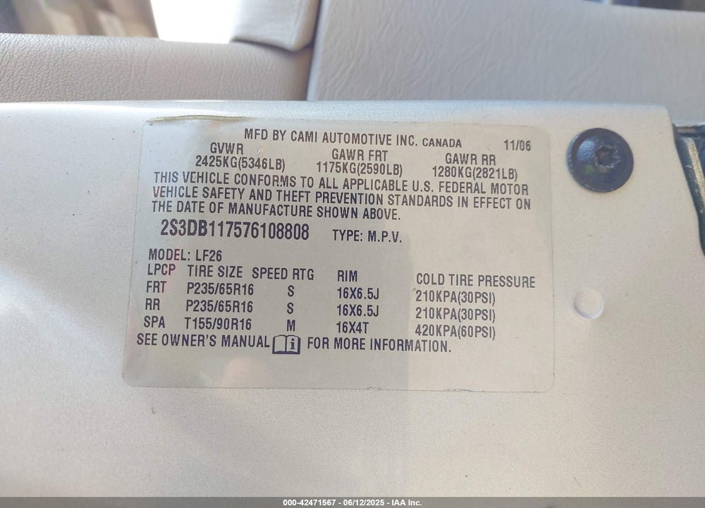 2007 SUZUKI XL7 VIN: 2S3DB117576108808