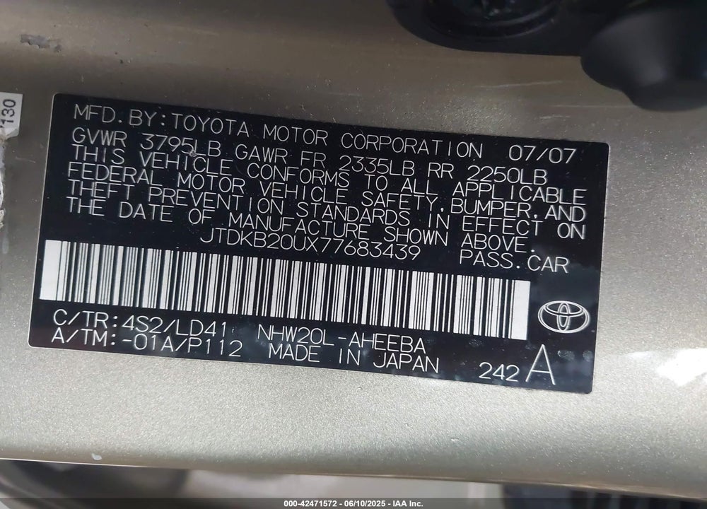 2007 TOYOTA PRIUS VIN: JTDKB20UX77683439