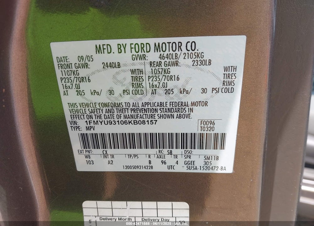 2006 FORD ESCAPE XLT/XLT SPORT VIN: 1FMYU93106KB08157