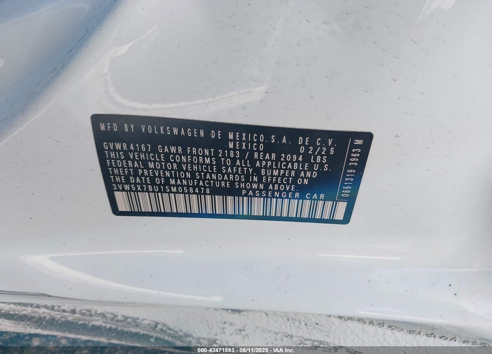 2025 VOLKSWAGEN JETTA VIN: 3VW5X7BU1SM058478