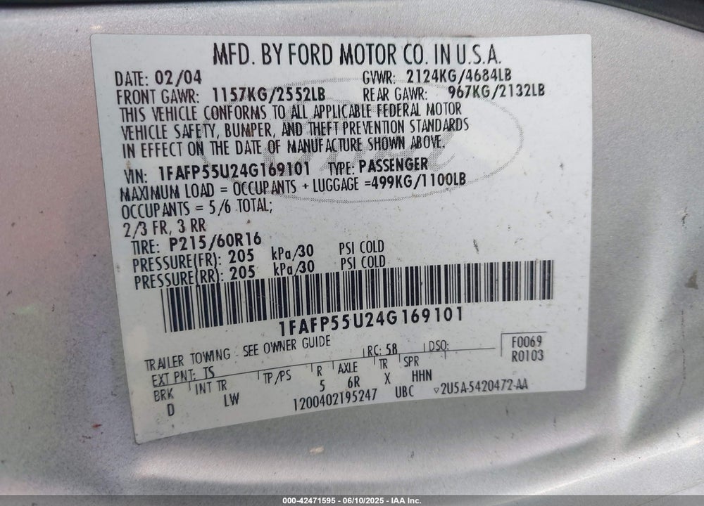 2004 FORD TAURUS SES VIN: 1FAFP55U24G169101