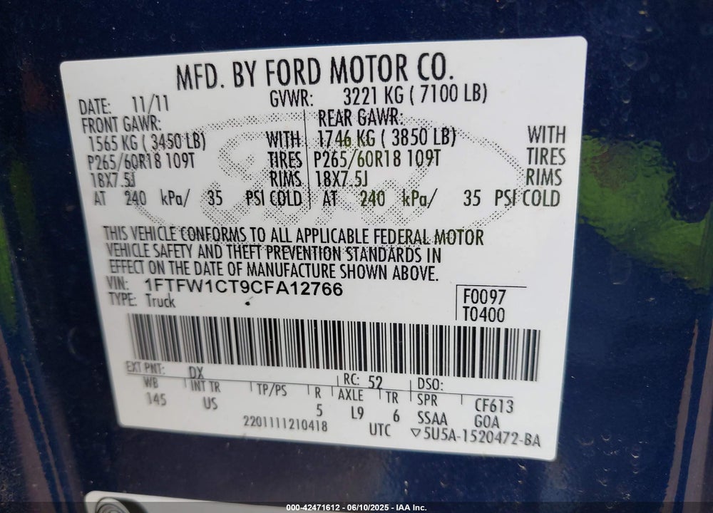 2012 FORD F-150 VIN: 1FTFW1CT9CFA12766