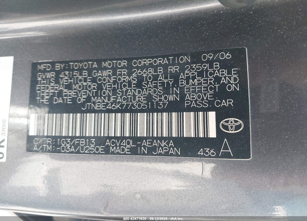 2007 TOYOTA CAMRY VIN: JTNBE46K773051137