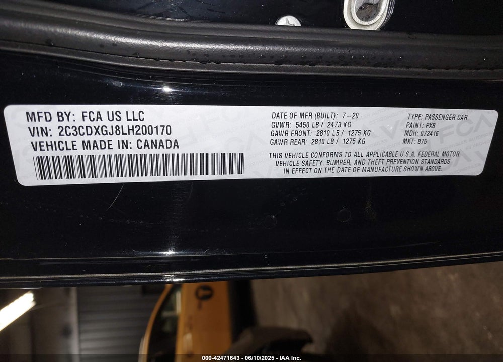 2020 DODGE CHARGER SCAT PACK RWD VIN: 2C3CDXGJ8LH200170