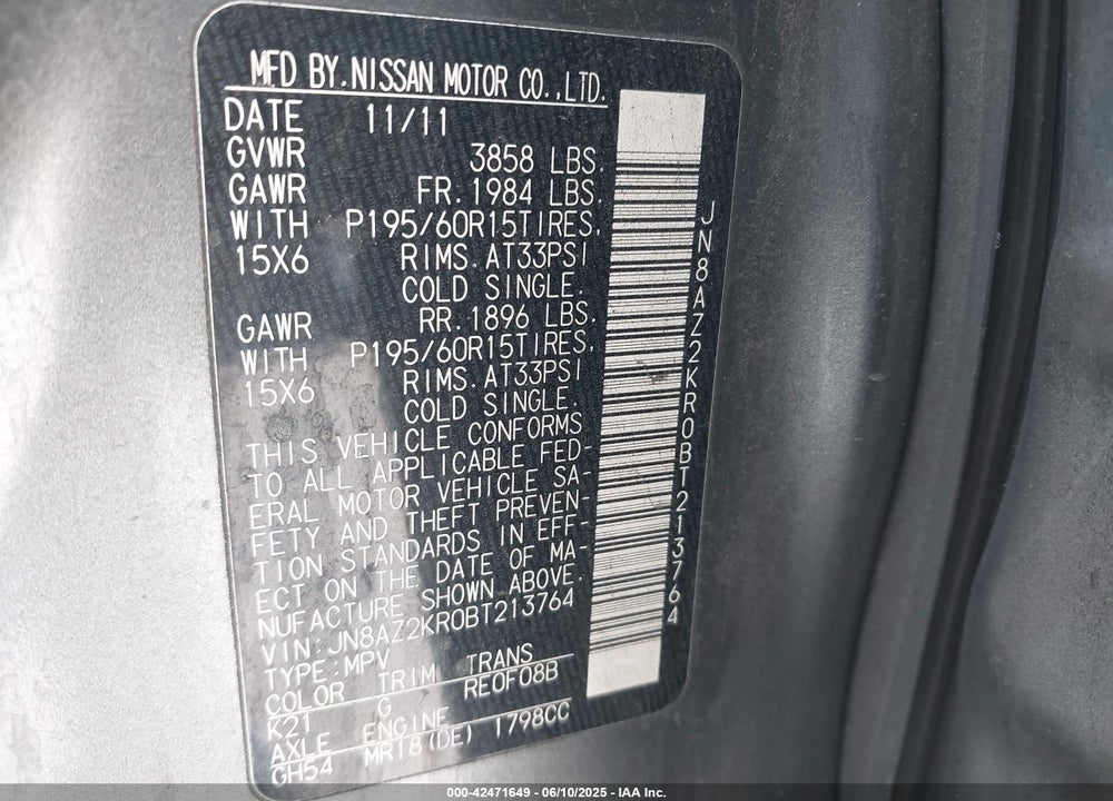 2011 NISSAN CUBE 1.8S VIN: JN8AZ2KR0BT213764