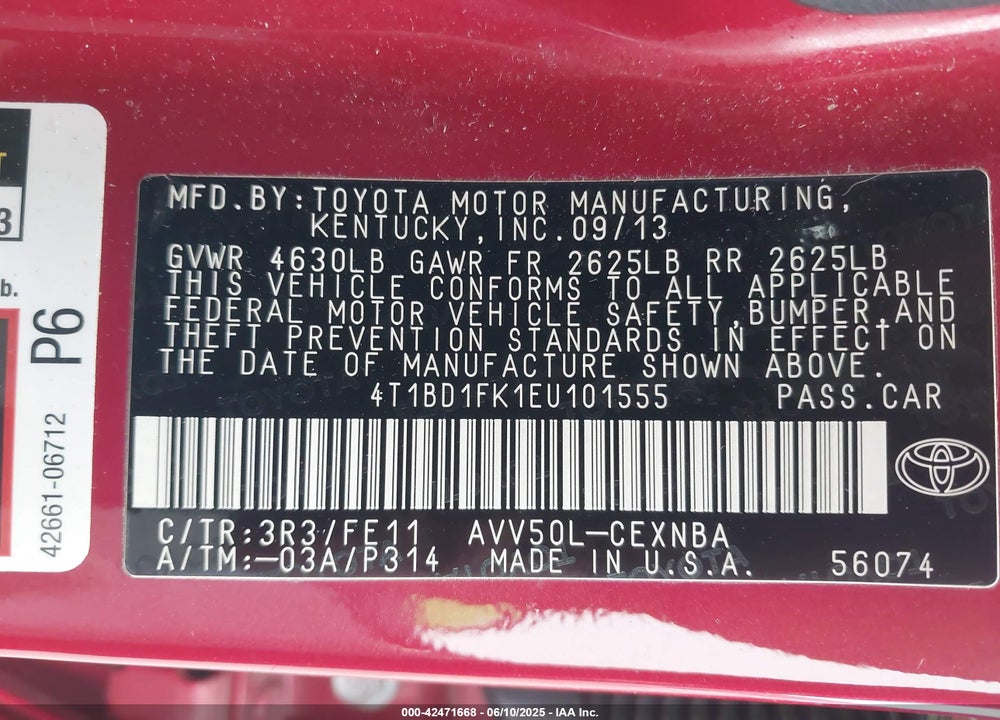 2014 TOYOTA CAMRY HYBRID VIN: 4T1BD1FK1EU101555