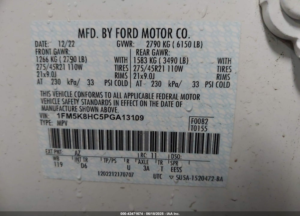 2023 FORD EXPLORER VIN: 1FM5K8HC5PGA13109