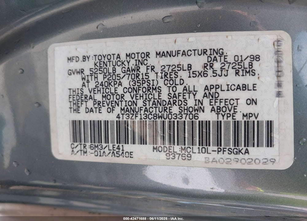 1998 TOYOTA SIENNA VIN: 4T3ZF13C8WU033706