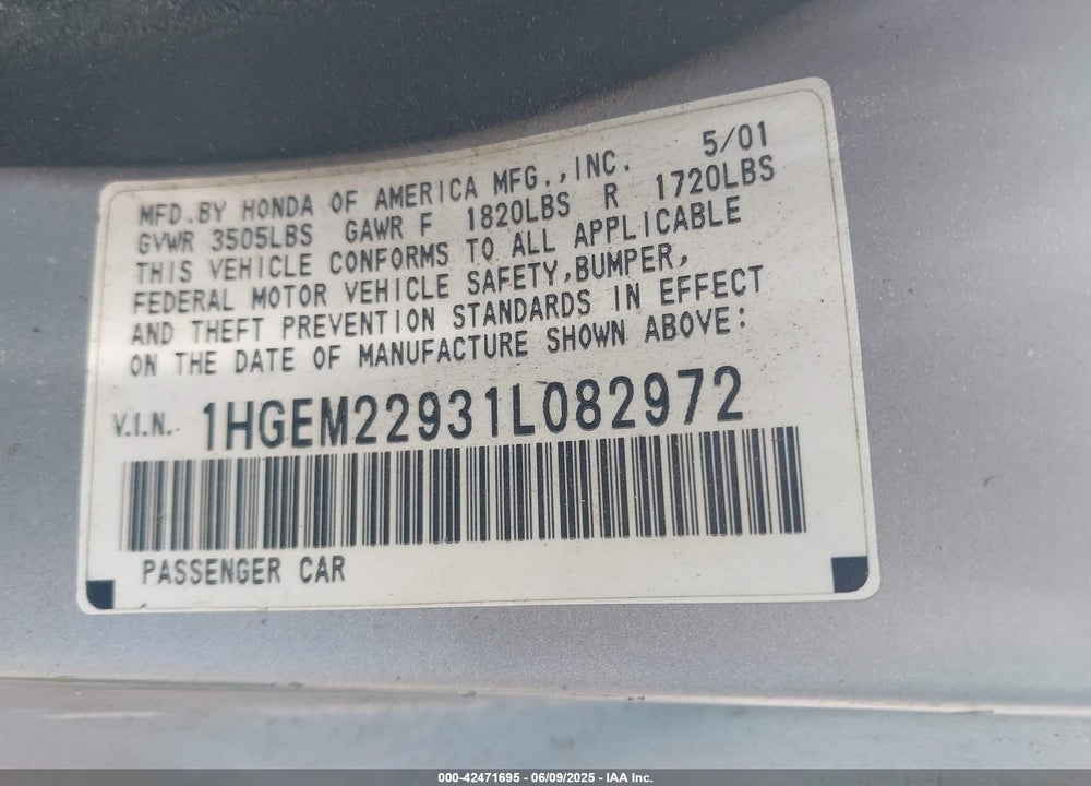 2001 HONDA CIVIC EX VIN: 1HGEM22931L082972