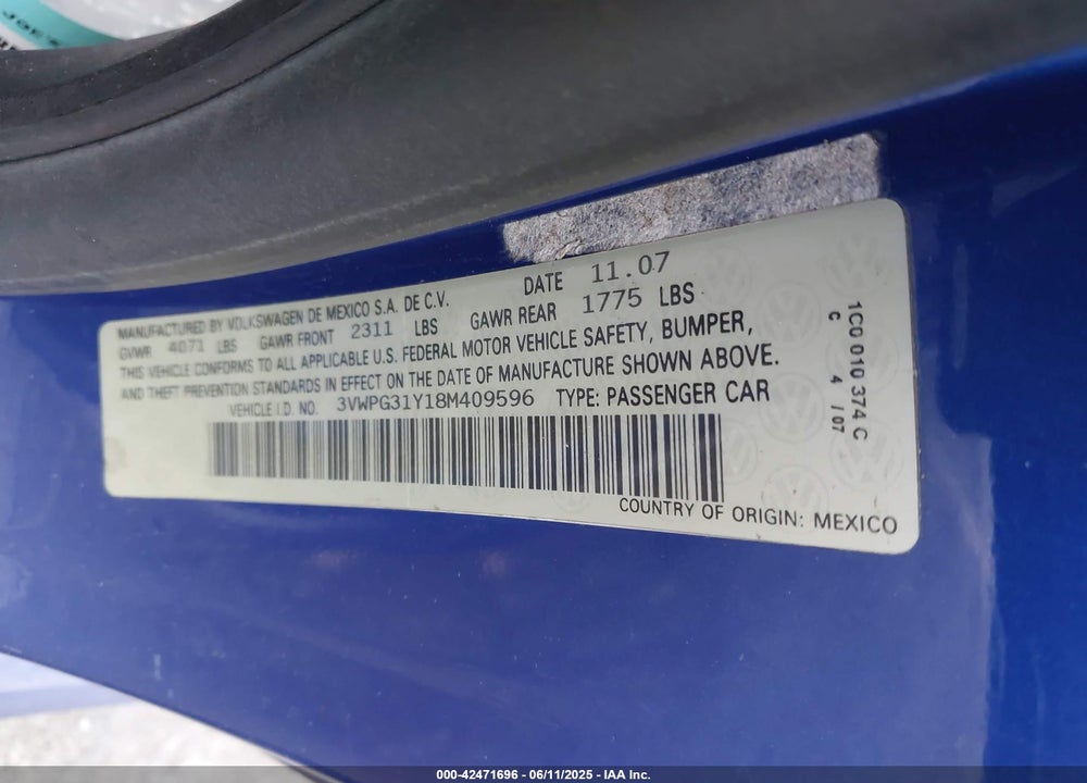 2008 VOLKSWAGEN NEW BEETLE 2.5/S VIN: 3VWPG31Y18M409596