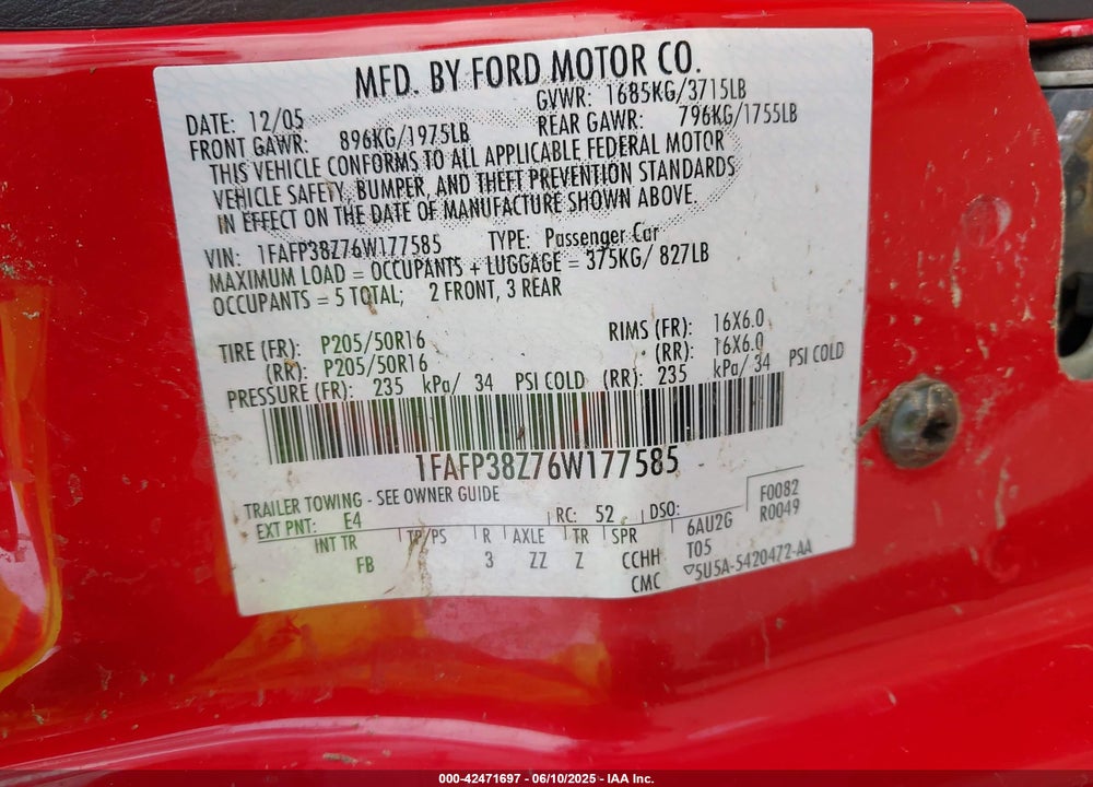 2006 FORD FOCUS VIN: 1FAFP38Z76W177585