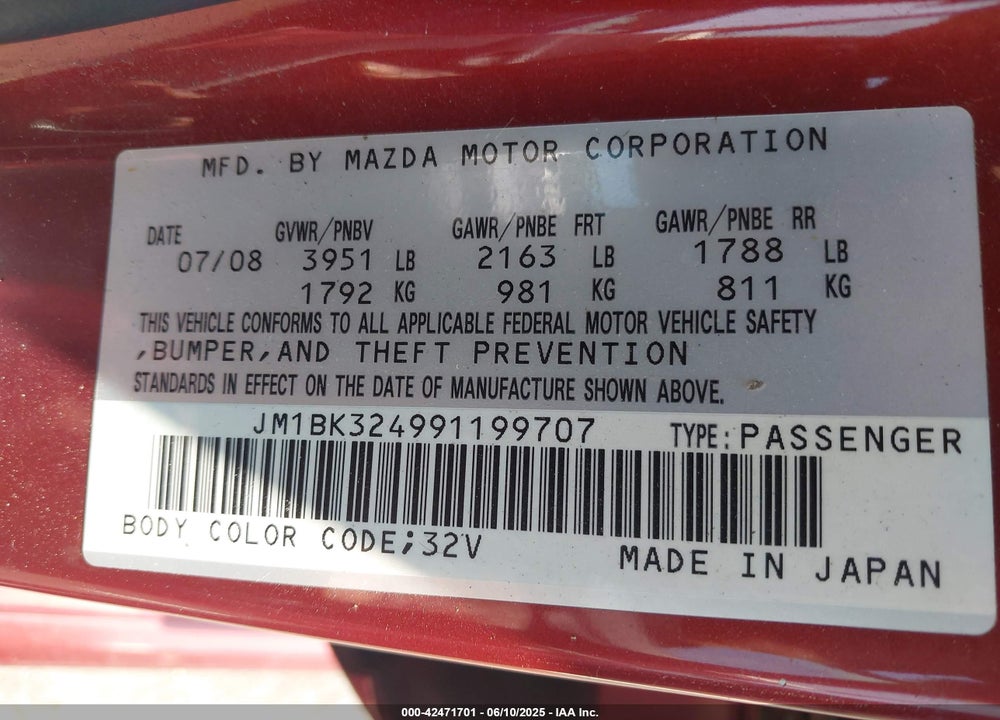 2009 MAZDA 3 S GRAND TOURING VIN: JM1BK324991199707
