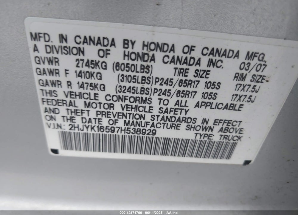 2007 HONDA RIDGELINE RTL VIN: 2HJYK16597H538929